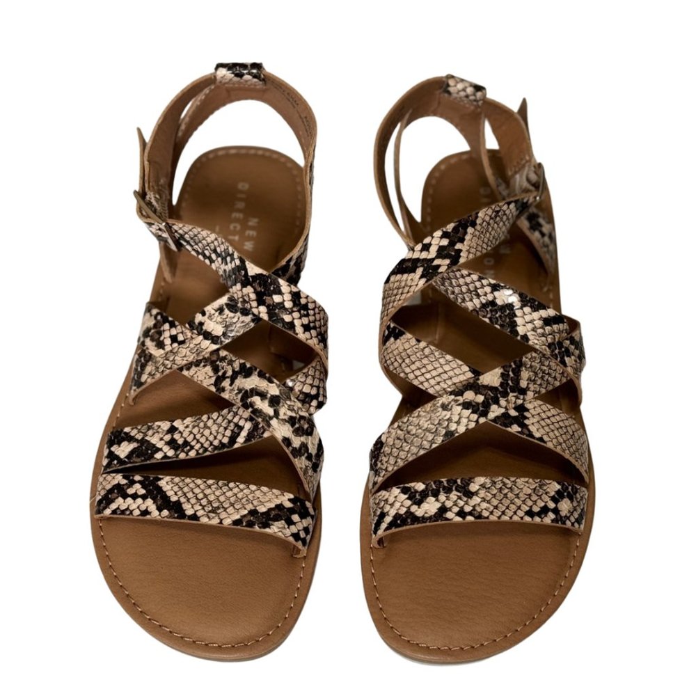 New Directions Womens Sandals Open Toe Low Wedge Snake Skin Strappy Black Cream
